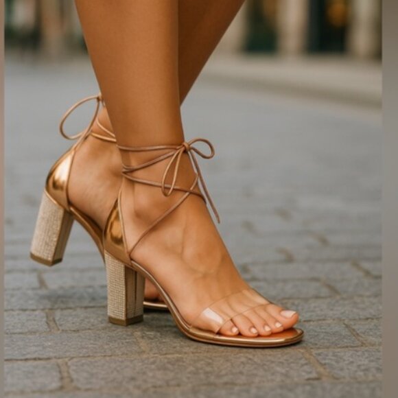 Lala Ikai Rose Gold Strappy Open Toe Rhinestone Block Heels Shoe SIZE 38(7.5) - Picture 1 of 9